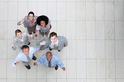 Buy stock photo Above, fist pump and winner with portrait of business people in office for celebration or success. Achievement, smile or victory with happy man and woman employee group in workplace for collaboration