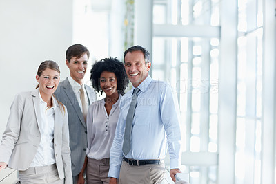 Buy stock photo Portrait of succesful and happy business colleagues standing together - Copyspace