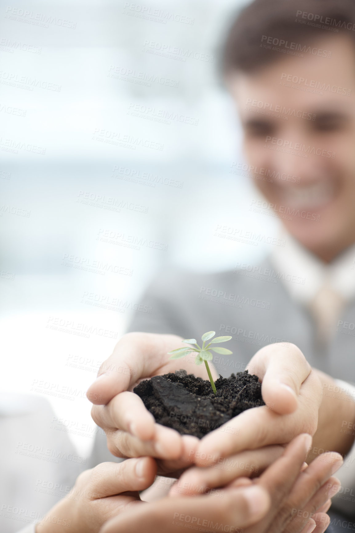 Buy stock photo Business, people and happy with crop on hands for eco friendly, carbon footprint and green environment ideas. Smile, employees and together on synergy with plant for earth day, growth and future