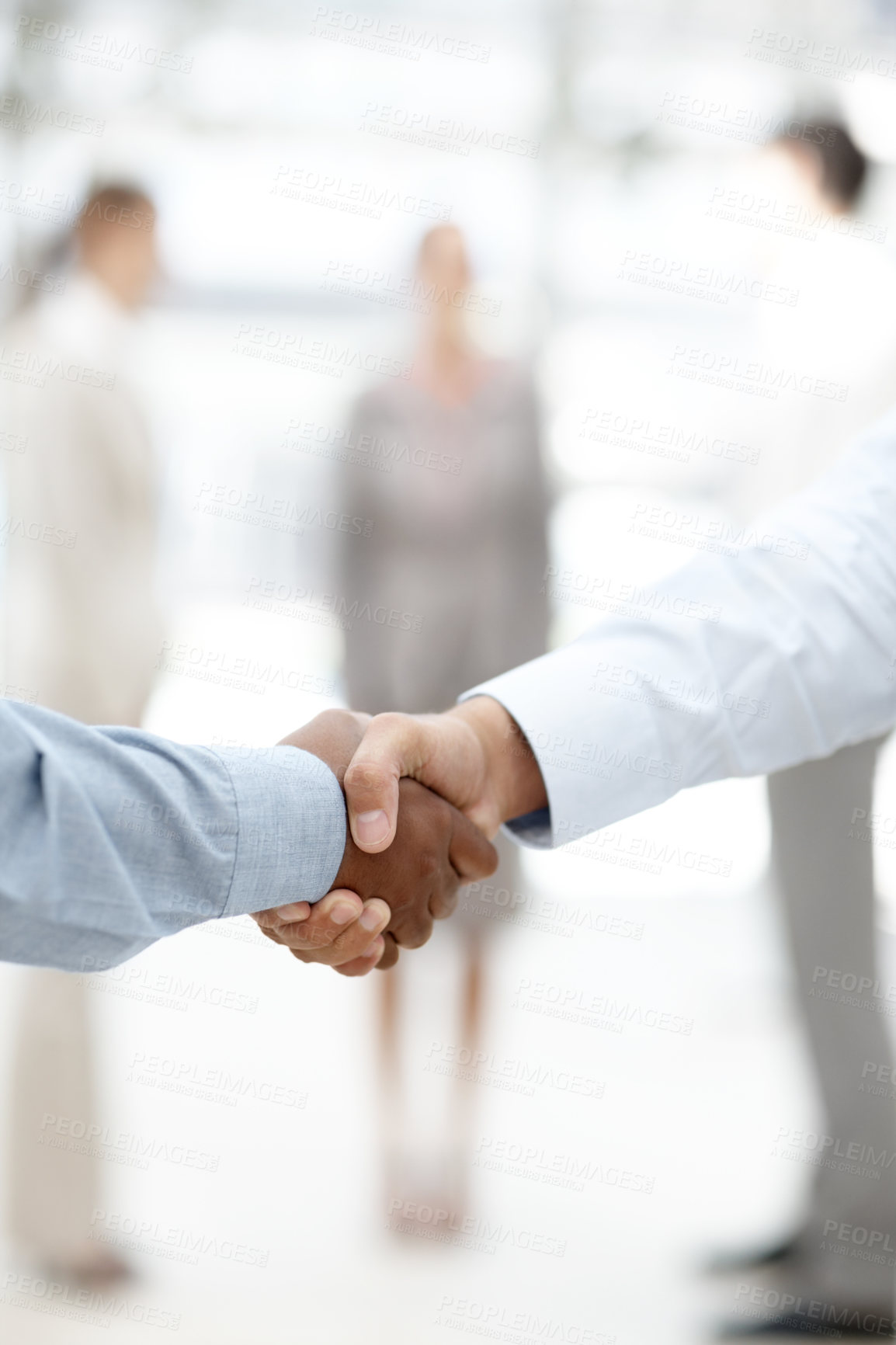 Buy stock photo Business, people and handshake at office with deal for partnership, teamwork and collaboration. Closeup, employees and negotiation with unity for contract, agreement and company merge or opportunity