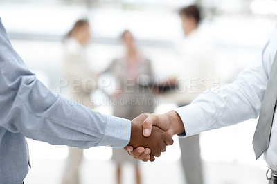 Buy stock photo Business, employees and handshake at office with deal for partnership, teamwork and collaboration. Closeup, people and thank you with unity for contract, agreement and company merge or opportunity