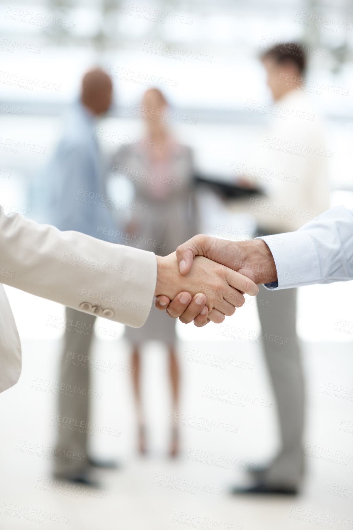 Buy stock photo Business people, handshake and meeting for teamwork, deal or agreement together at the office. Closeup, employees and shaking hands in b2b support, thank you or partnership with welcome at workplace