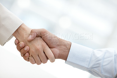 Buy stock photo Business people, handshake and meeting for collaboration, deal or agreement together at the office. Closeup, employees and shaking hands in b2b support, thank you or partnership with teamwork