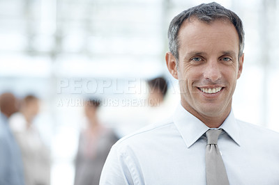 Buy stock photo Portrait, mature or happy businessman in lobby for court case, justice or fair legislation with smile in office. Proud, lawyer and attorney in legal firm for consulting, private practice or rights