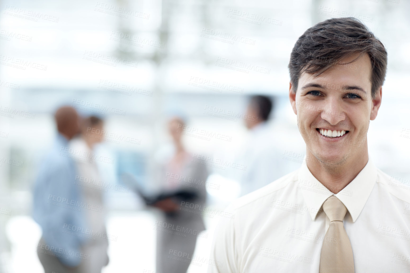 Buy stock photo Portrait, happy and businessman in office lobby for coworking, career growth and internship opportunity. Face, smile and professional insurance consultant, entrepreneur and employee at enterprise