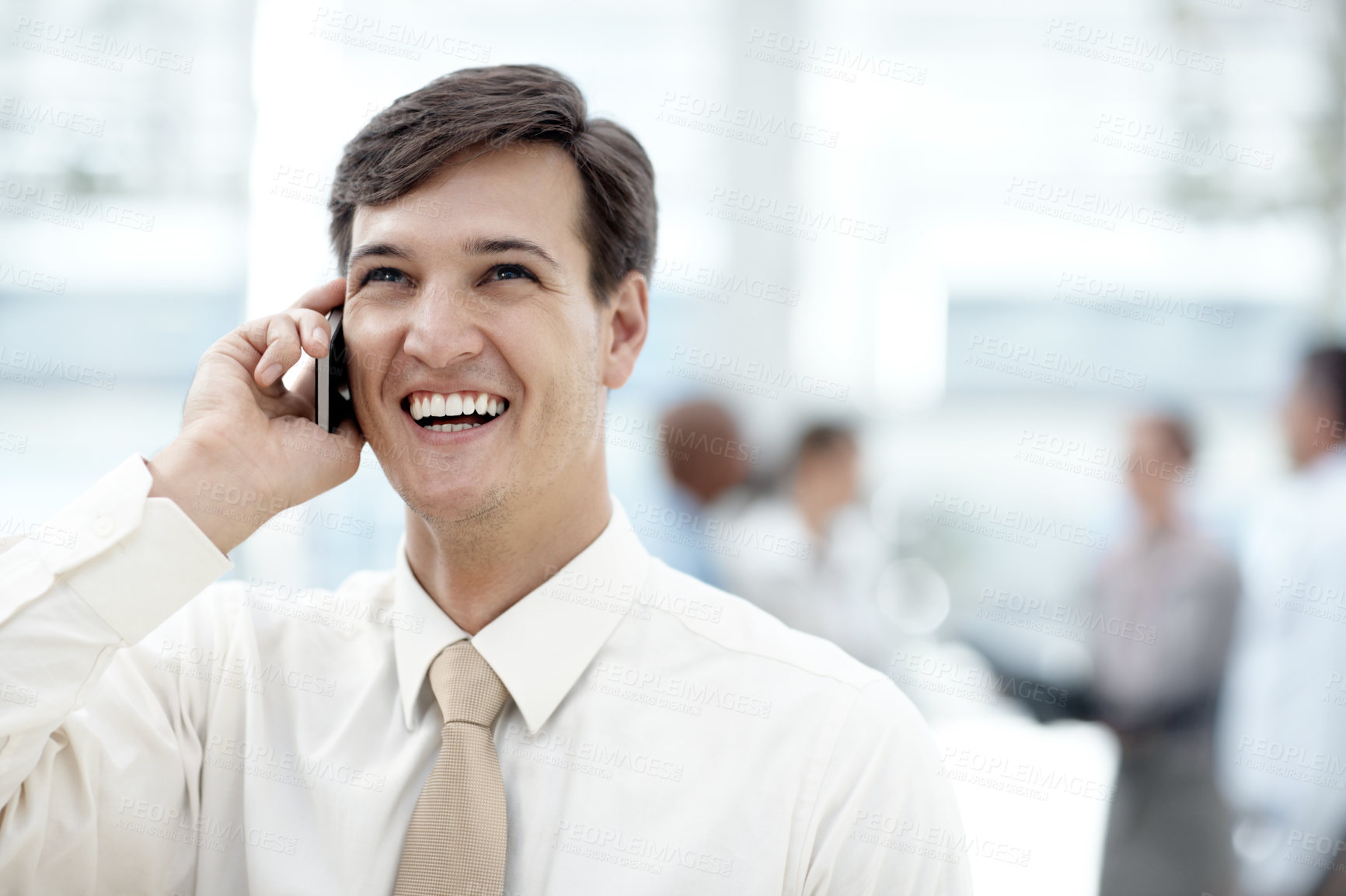 Buy stock photo Phone call, smile and businessman for internship, conversation or b2b networking in office lobby. Happy, corporate worker and career communication with legal discussion, partnership and collaboration