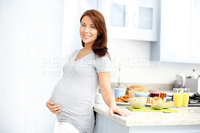 Buy stock photo Pregnant, woman and portrait with food in kitchen healthy breakfast, prenatal nutrition and wellness. Person, smile and lunch meal in home for pregnancy benefits, maternity health and baby growth