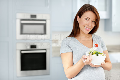 Buy stock photo Portrait, pregnant woman and eating salad in house with smile, healthy breakfast and minerals for vitamins. Happy, hungry and mother to be with organic food for wellness, benefits and diet nutrition