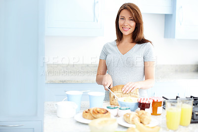 Buy stock photo Pregnant woman, portrait and happy with cooking in kitchen, knife and bread for breakfast, diet or nutrition. People, food and meal prep in morning for pregnancy, smile and prenatal health in Italy