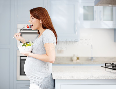 Buy stock photo Morning, eating or pregnant woman with salad in home with smile, healthy breakfast or fruits for vitamins. Pregnancy, hungry or mother to be with organic food for wellness, benefits or diet nutrition