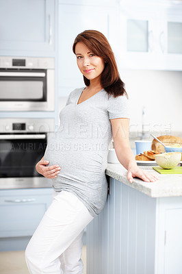 Buy stock photo Pregnant, woman and happy with portrait in kitchen for healthy breakfast, prenatal nutrition and wellness. Person, food and lunch meal in home for pregnancy benefits, maternity health and baby growth