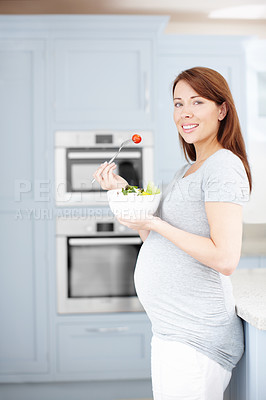 Buy stock photo Portrait, eating or pregnant woman with salad in home with smile, healthy breakfast or fruits for vitamins. Happy, hungry and mother to be with organic food for wellness, benefits and diet nutrition