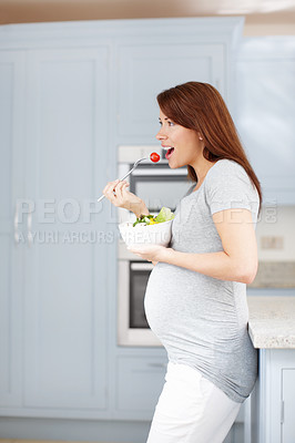 Buy stock photo Morning, eating or pregnant woman with salad in home with smile, healthy breakfast or fruits for vitamins. Pregnancy, hungry or mother to be with organic food for wellness, benefits or diet nutrition