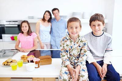 Buy stock photo Happy, kitchen and portrait of kids with parents in home for bonding, connection and family time. Smile, love and children siblings with mother and father for care together at house in Germany.