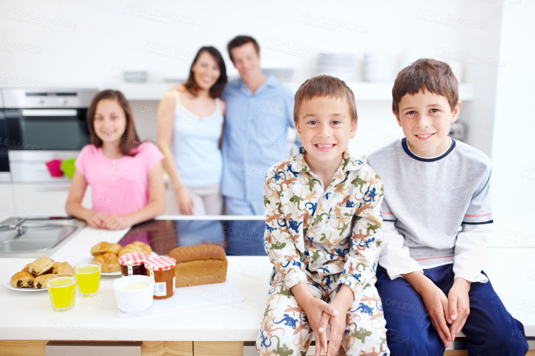 Buy stock photo Happy, kitchen and portrait of kids with parents in home for bonding, connection and family time. Smile, love and children siblings with mother and father for care together at house in Germany.