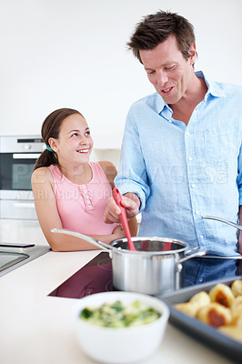 Buy stock photo Home, kid and father with pot for cooking, ingredients and food preparation with smile in kitchen. Happy family, papa and girl with bonding for culinary meal, nutrition and child for support by stove