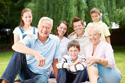 Buy stock photo Happy, portrait and big family with children in nature for holiday, weekend or bonding together. Grandparents, parents and kids with smile, joy or generations for picnic or outdoor vacation at park