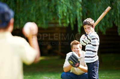 Buy stock photo Park, father and children with baseball for playing, practice and skills development with sports. Outdoor, papa and boys with equipment for pitching, throw and bat for game while bonding as family