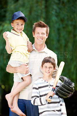 Buy stock photo Park, boys or father in portrait for baseball, game or hug with love, support or smile for teaching. Happy family, proud or kids in nature with bat, glove or softball for sports, learning or fitness