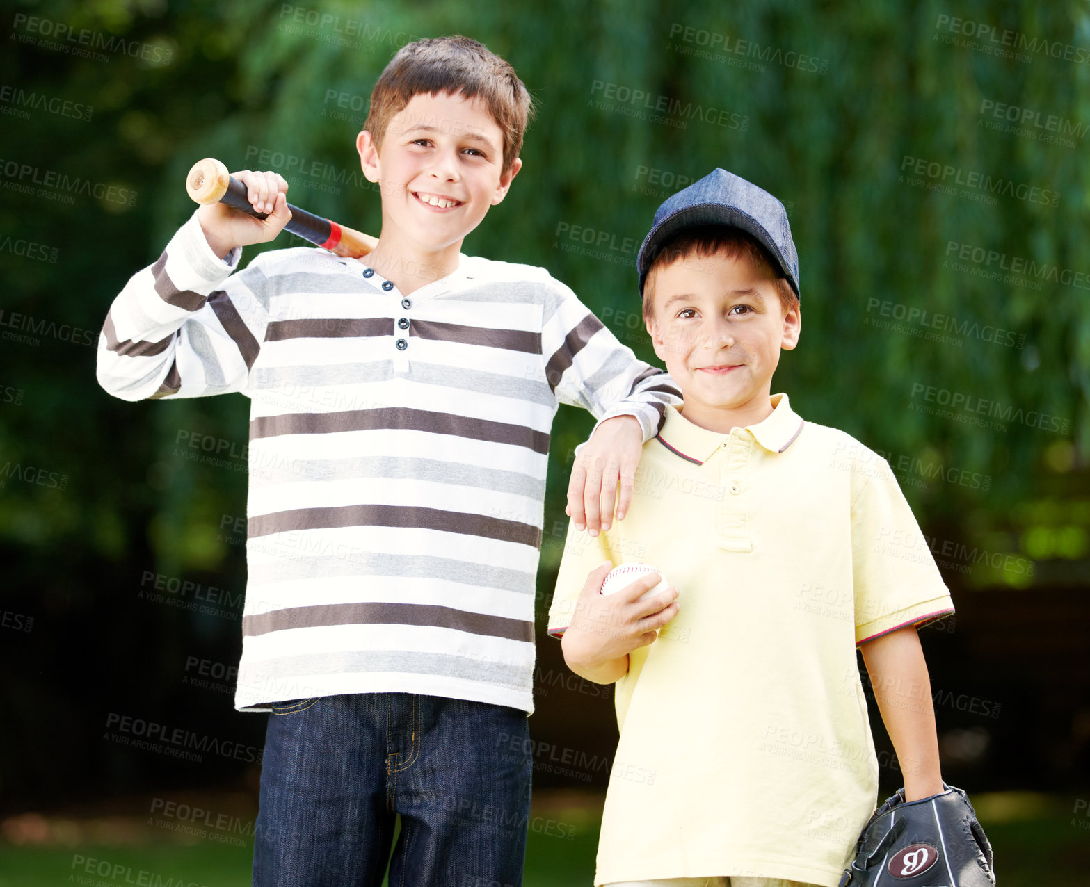 Buy stock photo Happy, boys and portrait with baseball, sport and fun together in park with game and smile. Brother, youth and cute kids with bat to play outdoor with care, support and sibling love in garden