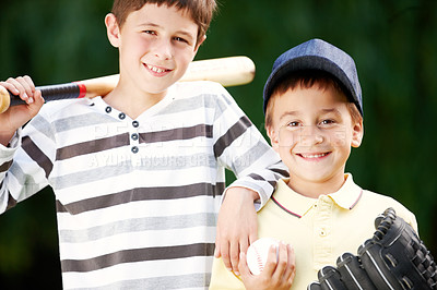 Buy stock photo Happy, boys and portrait with baseball, ball sport and fun together in park with game and smile. Brother, youth and cute kids with bat to play outdoor with care, support and sibling love in garden