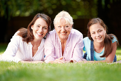 Buy stock photo Park, grandparent and mom with child in portrait, connection and bonding together as generations. Happy family, girl and women for motherhood with smile, security or love embrace on holiday in Sydney