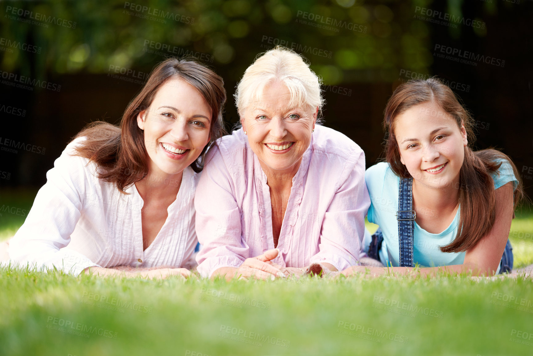 Buy stock photo Park, grandparent and mom with child in portrait, connection and bonding together as generations. Happy family, girl and women for motherhood with smile, security or love embrace on holiday in Sydney