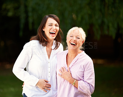 Buy stock photo Outdoor, senior mother and woman in portrait with hug, connection and bonding together as family. Happy people, mom and adult daughter with laugh for memory, security and love on holiday in Australia