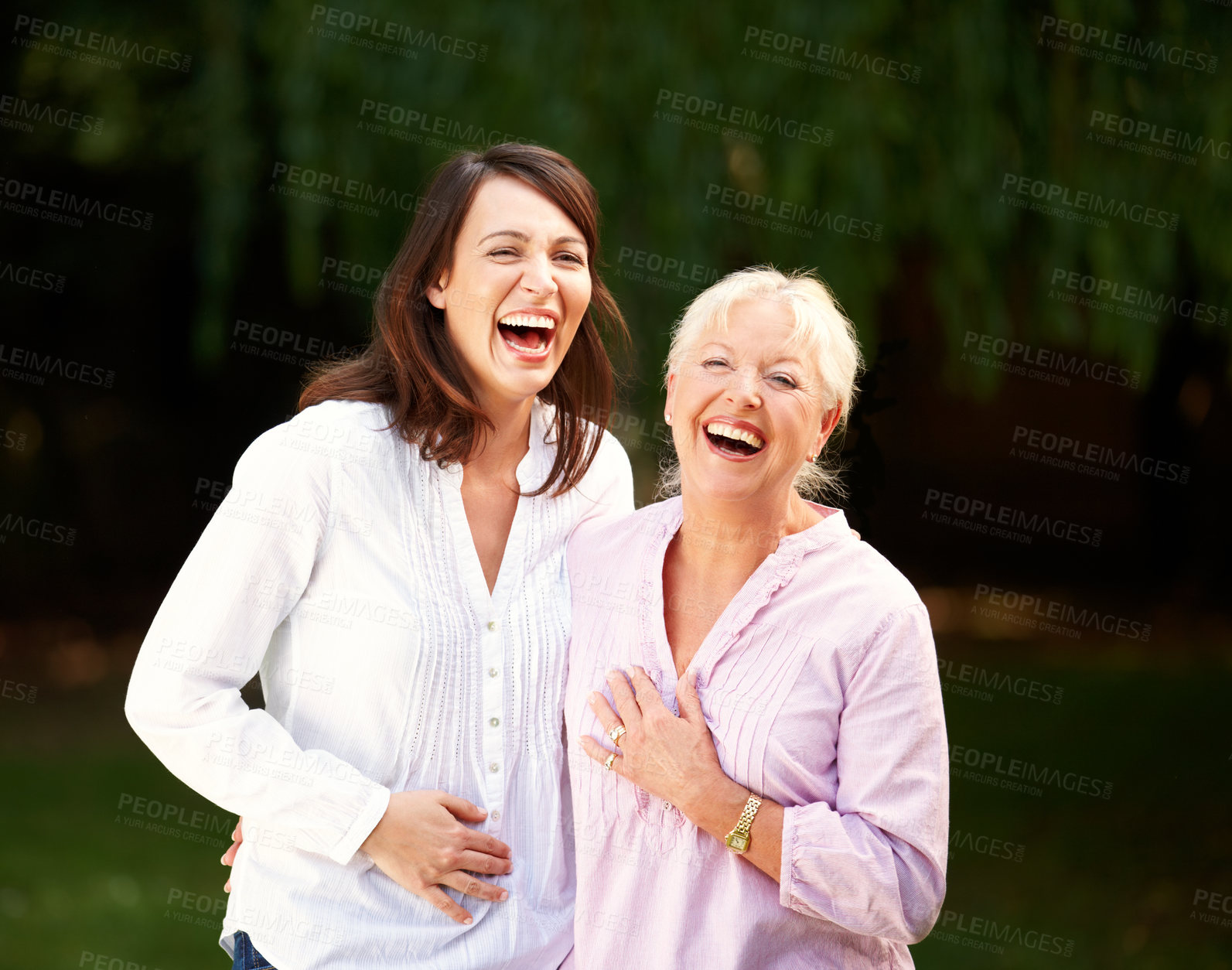 Buy stock photo Outdoor, senior mother and woman in portrait with hug, connection and bonding together as family. Happy people, mom and adult daughter with laugh for memory, security and love on holiday in Australia