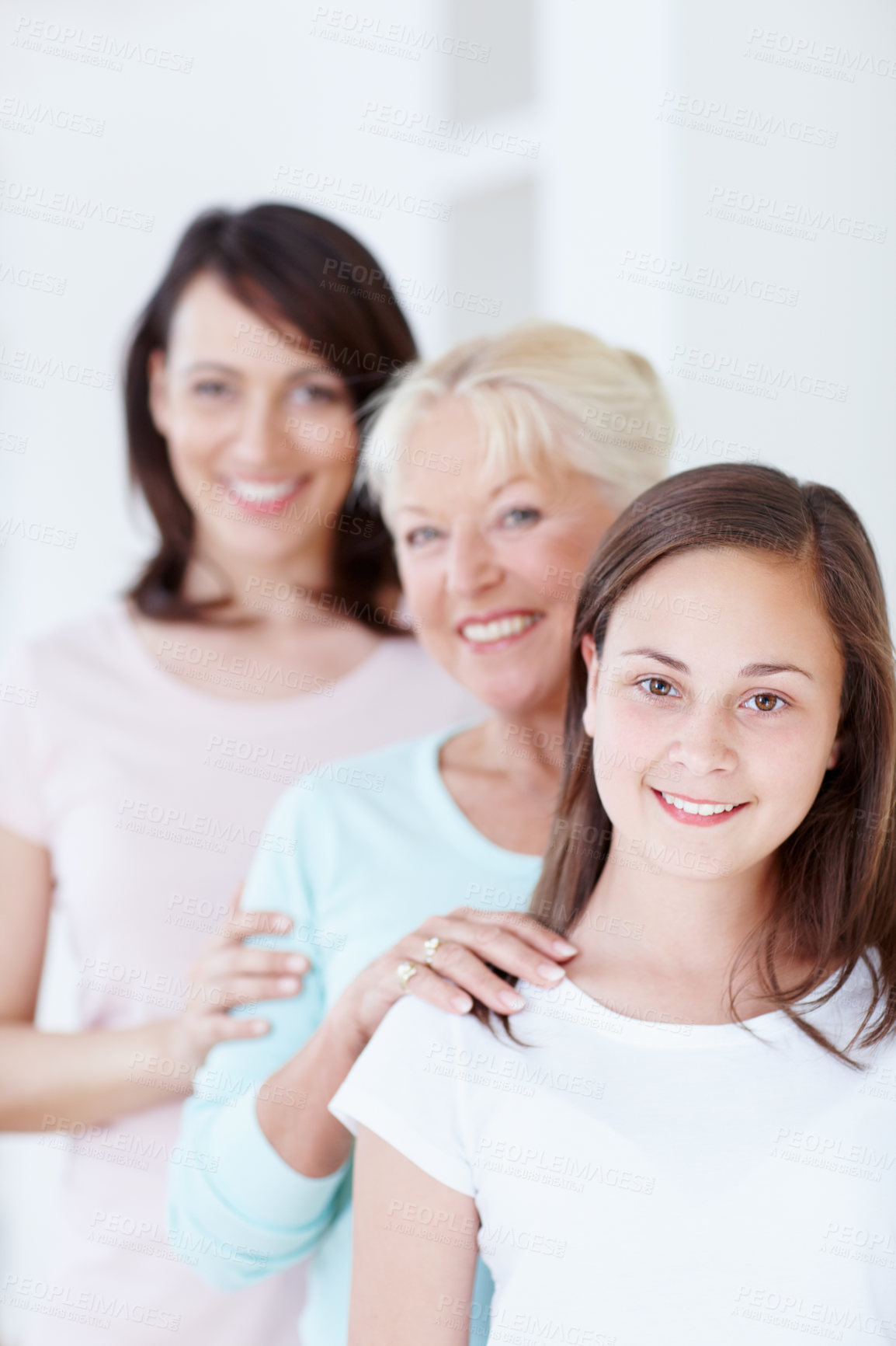 Buy stock photo Love, smile and portrait of female generations, mother and happy daughter in home with bonding. Together, care and reunion in living room with embrace, support and child in lounge with grandparent