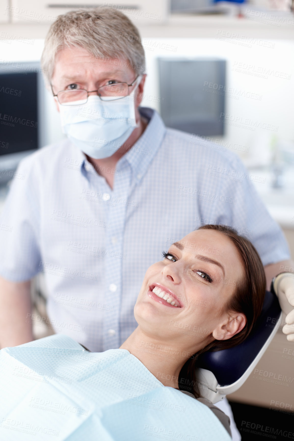 Buy stock photo Dentist, chair and portrait of woman for consulting, teeth whitening and oral health in clinic. Healthcare, dentistry and man with patient with tools for dental hygiene, cleaning and medical service