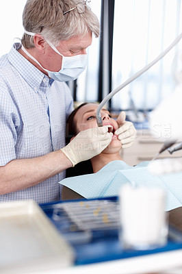 Buy stock photo Portrait of patient ready for dental treatment in clinic