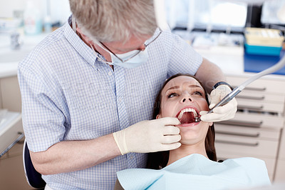 Buy stock photo Dentist, tools and woman with tooth extraction, medical check and patient consultation for oral care. Wellness, consulting and hospital for dental hygiene, assessment and healthcare examination