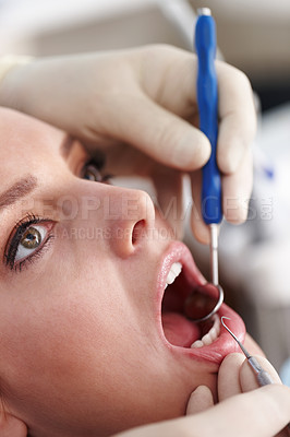 Buy stock photo Closeup of female patient at clinic for dental treatment