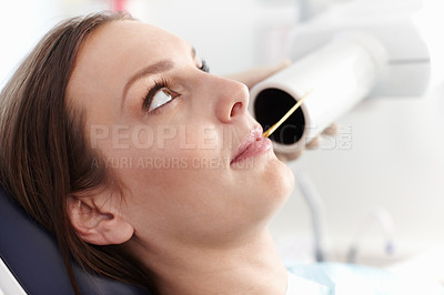 Buy stock photo Woman, mouth and inspection with equipment at dentist for oral cleaning, teeth whitening and dental treatment. Patient, technology and assessment with transformation, hygiene scan and tech procedure