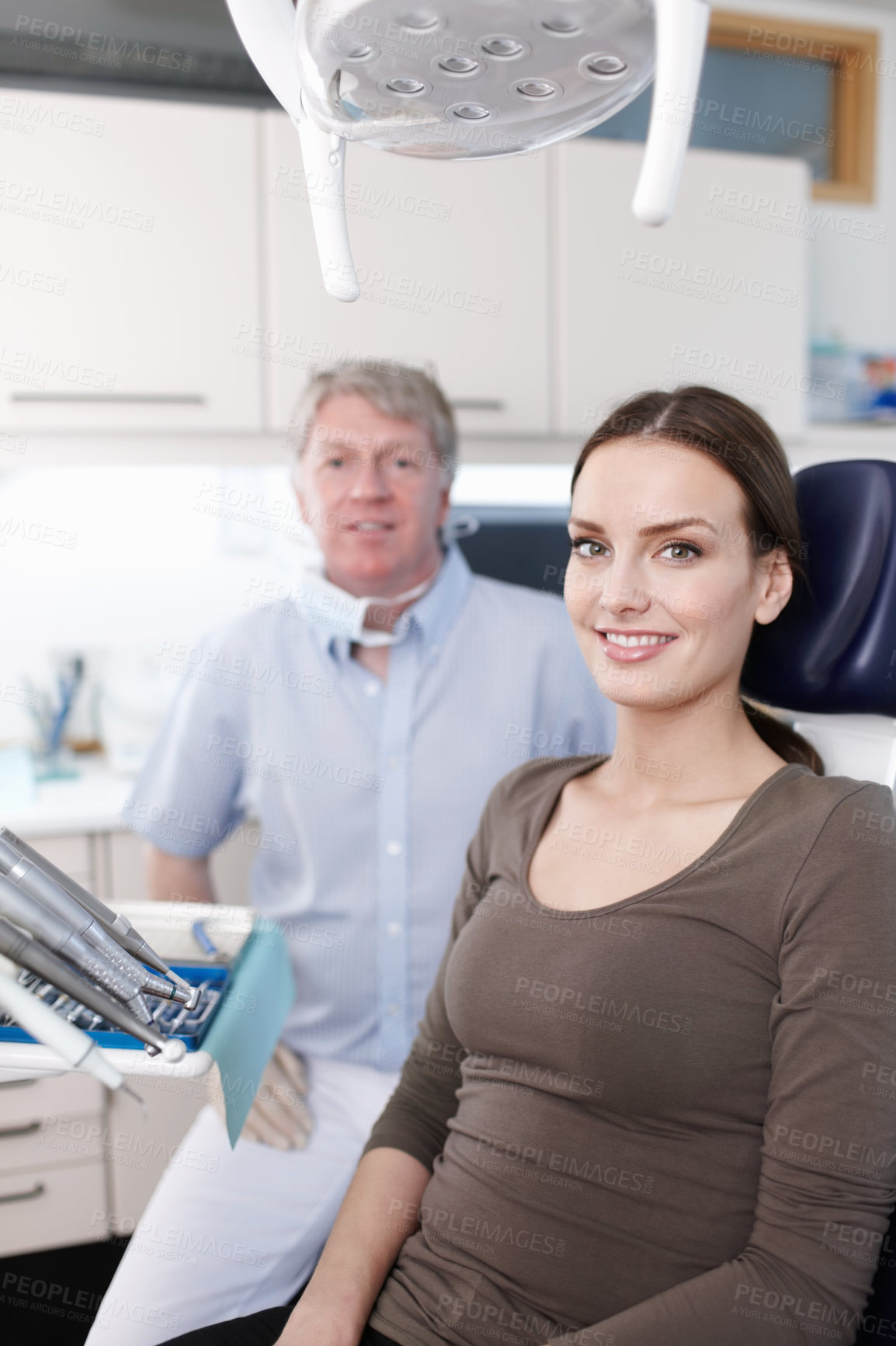 Buy stock photo Portrait, dentist and woman for checkup at clinic of cleaning treatment, bacteria assessment or teeth whitening. Orthodontics, patient and dental hygiene, root canal and veneer inspection of wellness