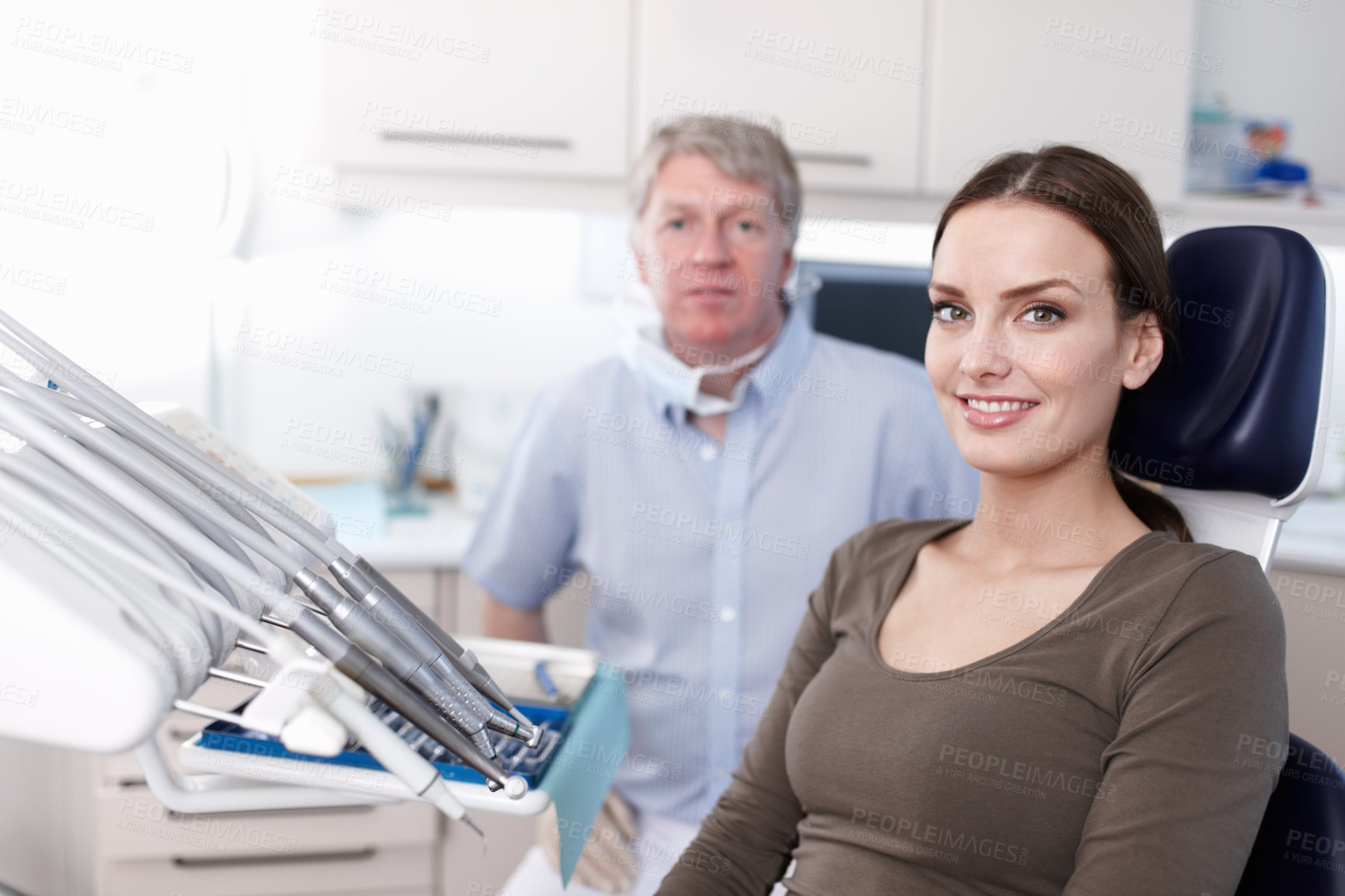 Buy stock photo Portrait, dentist and patient with checkup at clinic for cleaning treatment, bacteria assessment or teeth whitening. Man, woman and dental hygiene, root canal and tooth extraction for mouth wellness