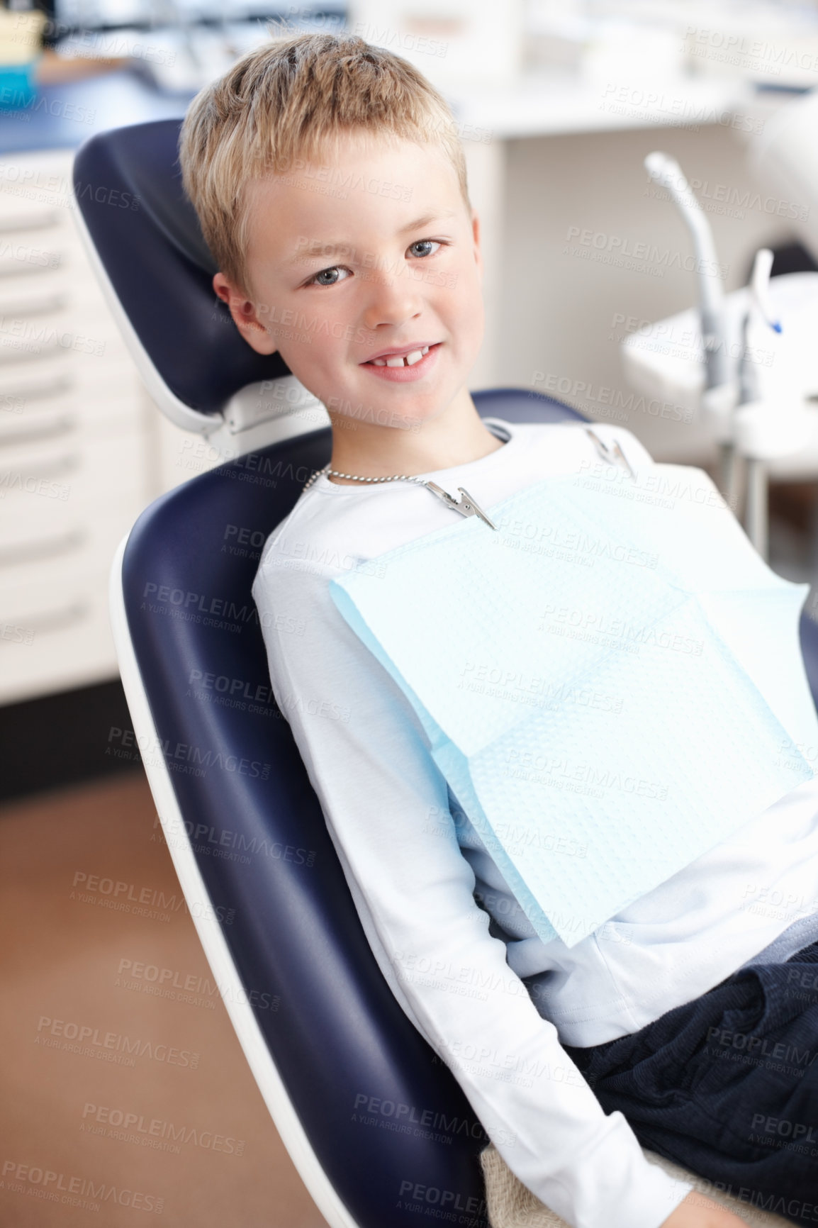 Buy stock photo Portrait, child and smile with dentist at clinic for appointment,  teeth whitening and dental hygiene. Happy, boy and patient with mouth cleaning, braces treatment and medical advice for childhood