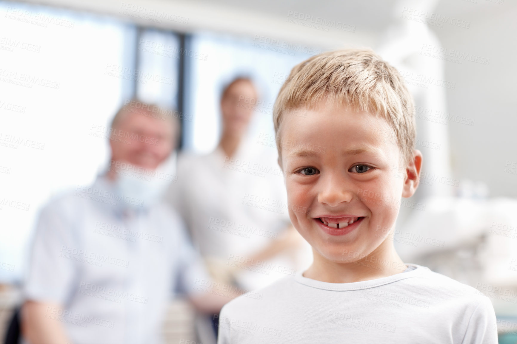 Buy stock photo Portrait, boy and checkup with dentist at clinic for appointment, teeth whitening and dental hygiene. Happy, people and patient with mouth cleaning, braces treatment and medical advice for childhood