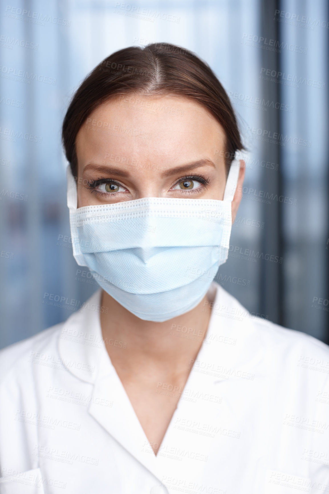 Buy stock photo Portrait, dentist and woman in office, mask and confident for dental health, intern and oral hygiene. Clinic, medical professional and person in uniform for tooth extraction, proud and Germany