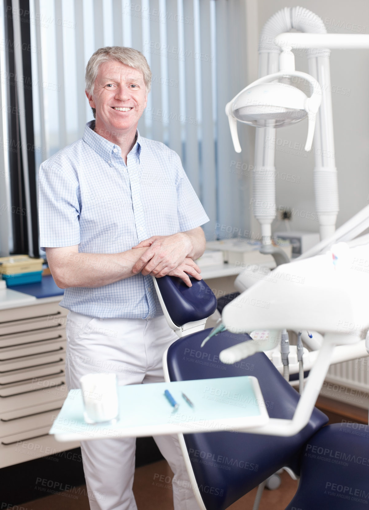 Buy stock photo Happy man, dentist or portrait in office for healthcare, business or friendly welcome. Mature orthodontist, smile or about us in private practice with pride for knowledge in oral hygiene in Canada