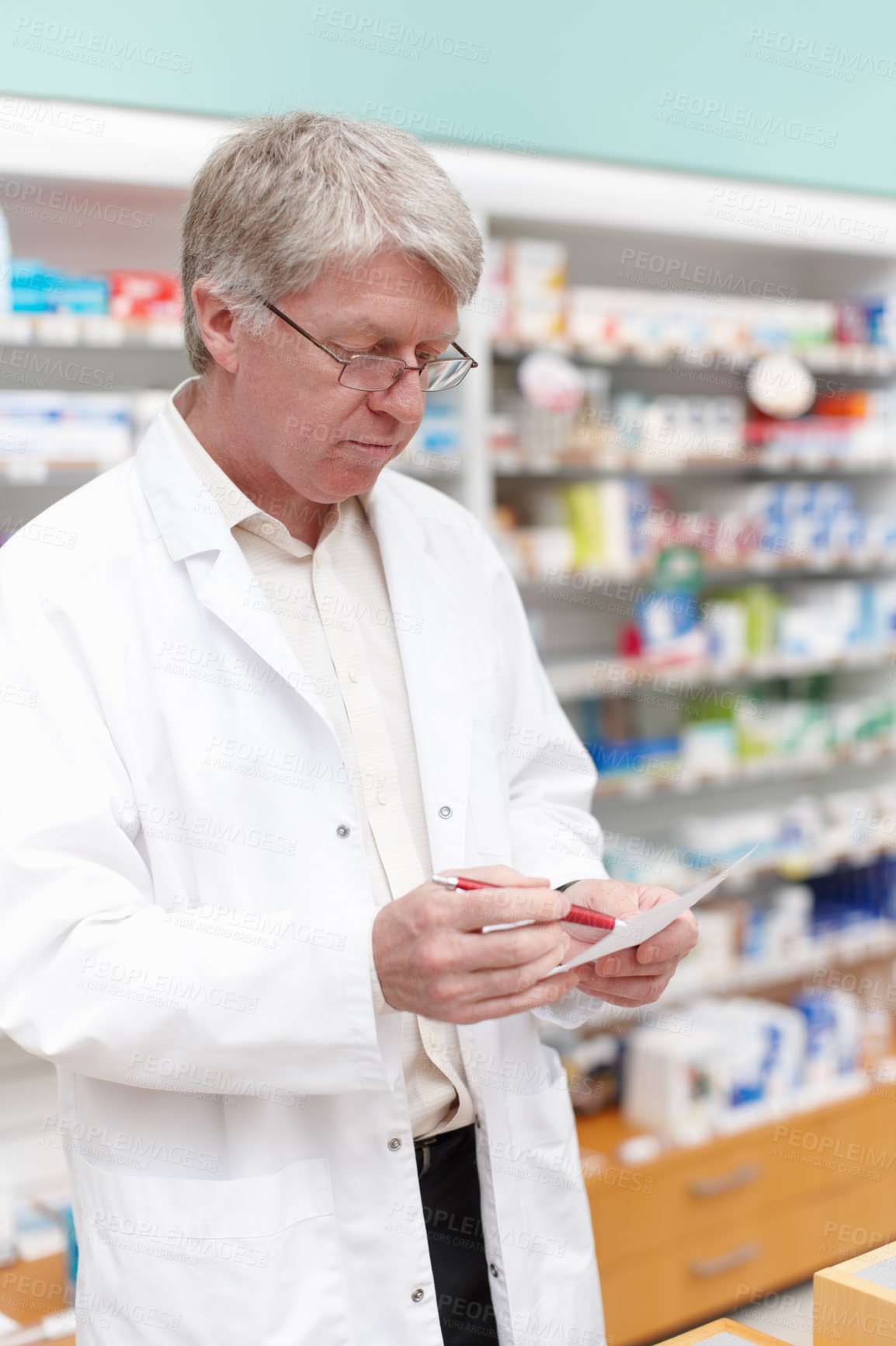 Buy stock photo Man, reading and pharmacist with prescription at dispensary for medication, supplements or pills. Chemist, inventory and senior male apothecary with stock list for medicine or tablets in drug store.