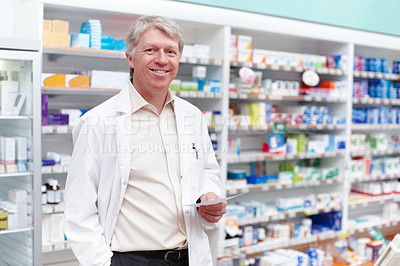 Buy stock photo Man, portrait and pharmacist with prescription at dispensary for medication, supplements or pills. Chemist, inventory and mature male apothecary with stock list for medicine or tablets in drug store.