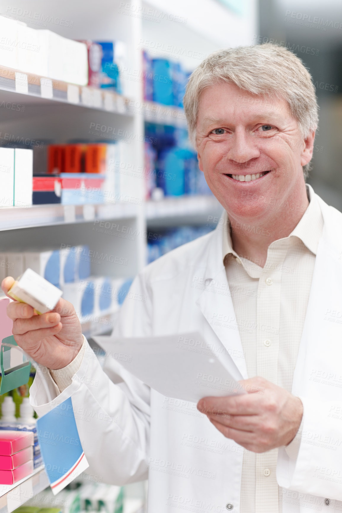 Buy stock photo Man, pharmacist and happy with prescription for medication, pills and box for healthcare at drugstore. Mature person, portrait and smile at pharmacy with checklist for product, medicine and treatment