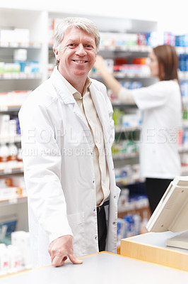 Buy stock photo Happy man, pharmacist and portrait in pharmacy for healthcare, friendly welcome and customer service. Chemist, smile and assistant in retail drugstore for medicine dispensary, assistance and support