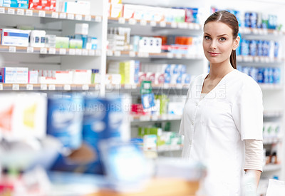 Buy stock photo Pharmacist, happy and pills in stock, portrait for medicine in drugstore, chemist or services. Medical professional, female person and pharma in clinic for prescription, dispensary for info or advice