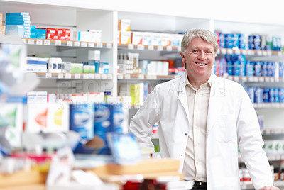 Buy stock photo Pharmacist, happy and pills in portrait, stock and medicine in drugstore, chemist or pharmacy. Medical professional, male person and confidence for prescription, dispensary or care  as info or advice