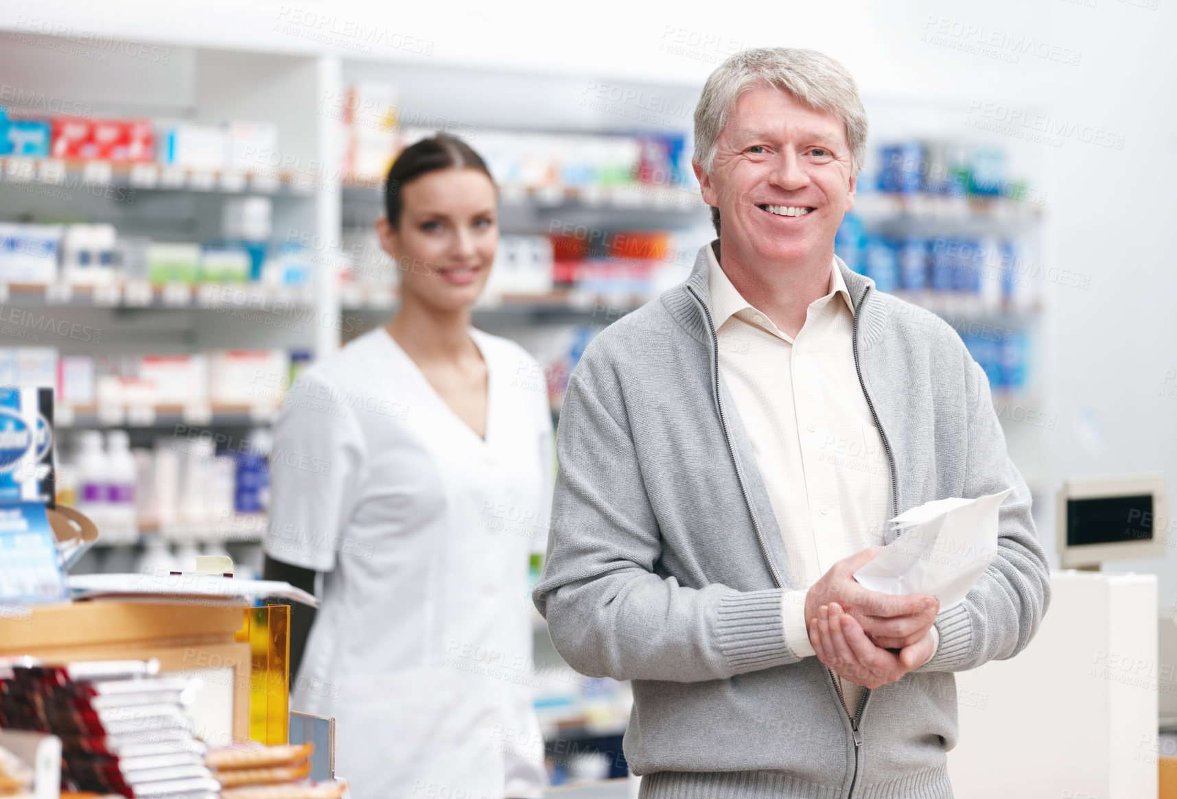 Buy stock photo Portrait, pharmacist and senior man with medicine, package and healthcare with prescription. Face, people and mature customer with professional, medical and drug store for pills, parcel and service