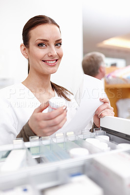 Buy stock photo Happy woman, medicine and portrait or pharmacist with prescription for pills and drugs for healthcare. Female person, drawer and chemist with checklist for medication product and treatment for stock