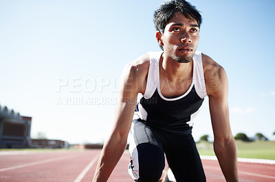 Buy stock photo Runner, start and man with challenge, workout and ready with energy, exercise and routine. Person, athlete and healthy guy on track, sports and training with wellness, goals and marathon with fitness